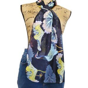 Gorgeous Sheer Lightweight Black Oblong Scarf with Asian Print